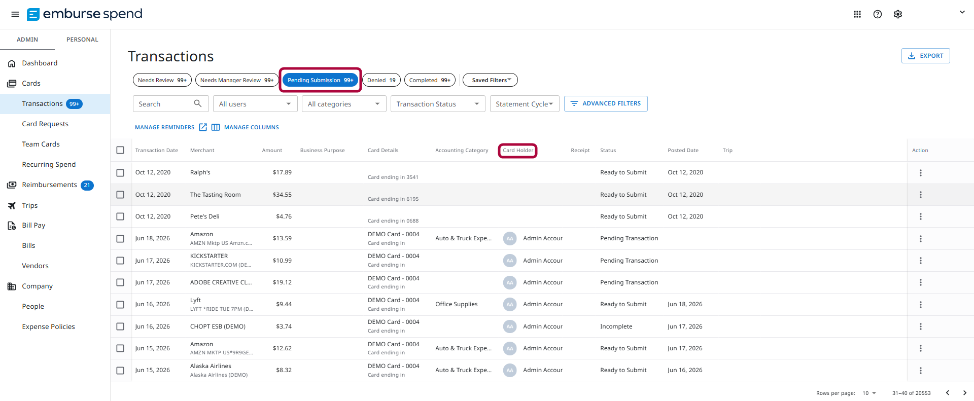 Pending Submission tab showing a user in the Card Holder column
