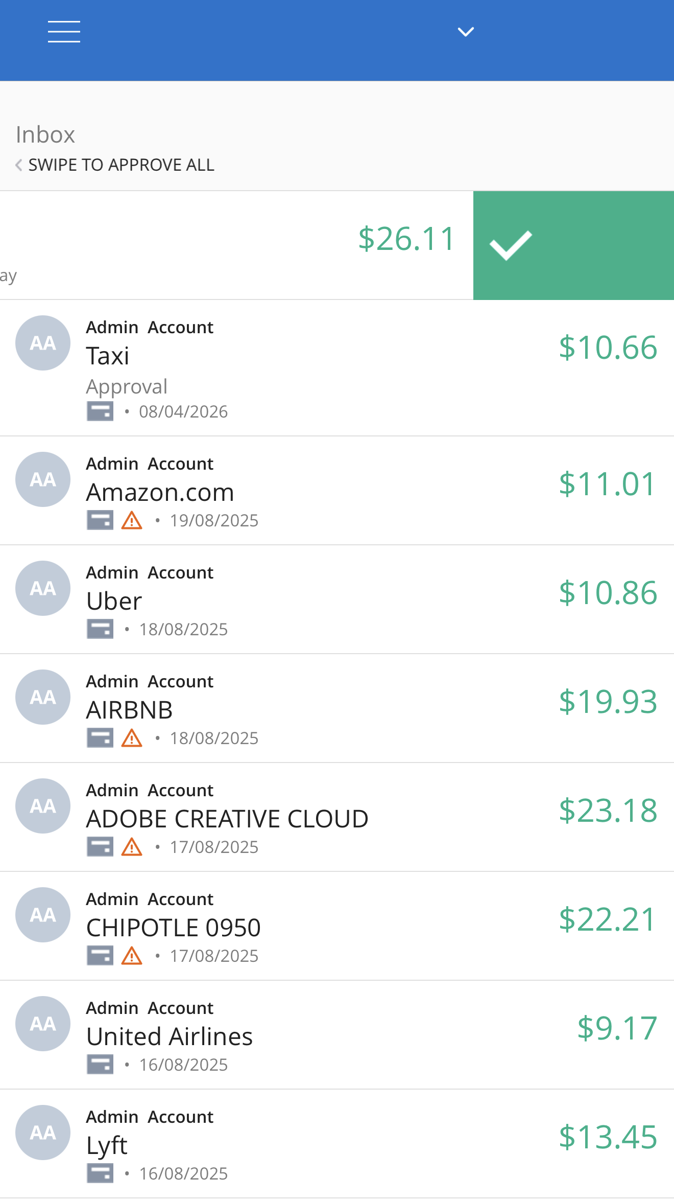 Swipe to Approve All option for approving multiple submitted transactions