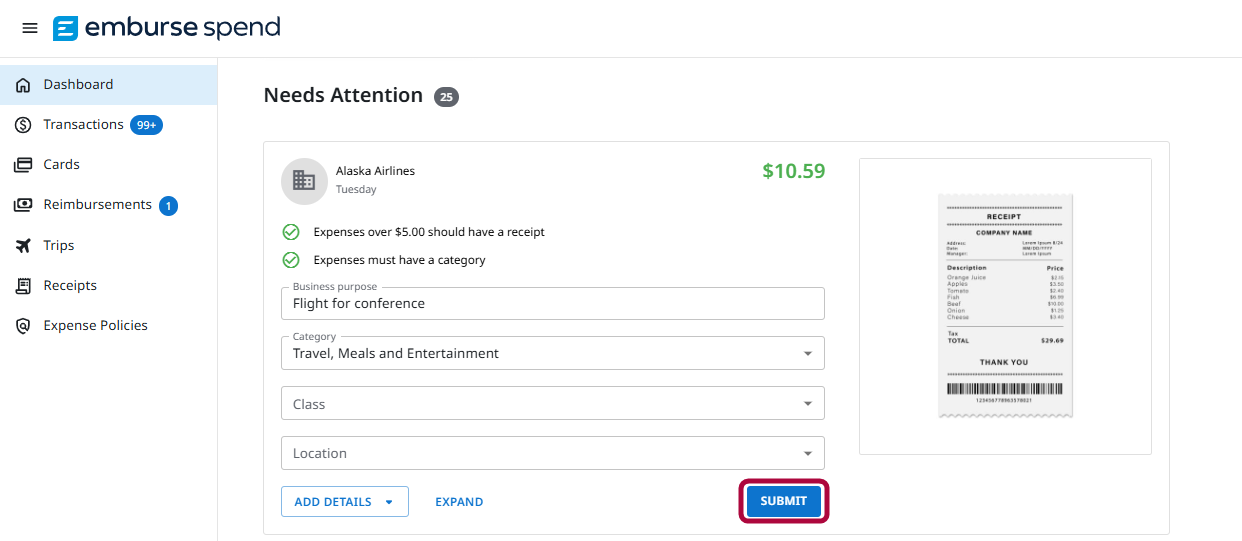 Receipt attached to a corporate card transaction on the Personal Dashboard