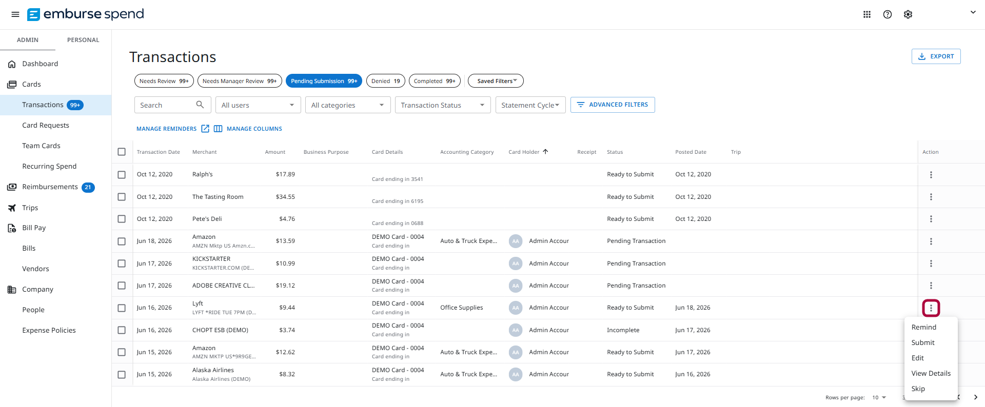 More Actions menu for a corporate card transaction
