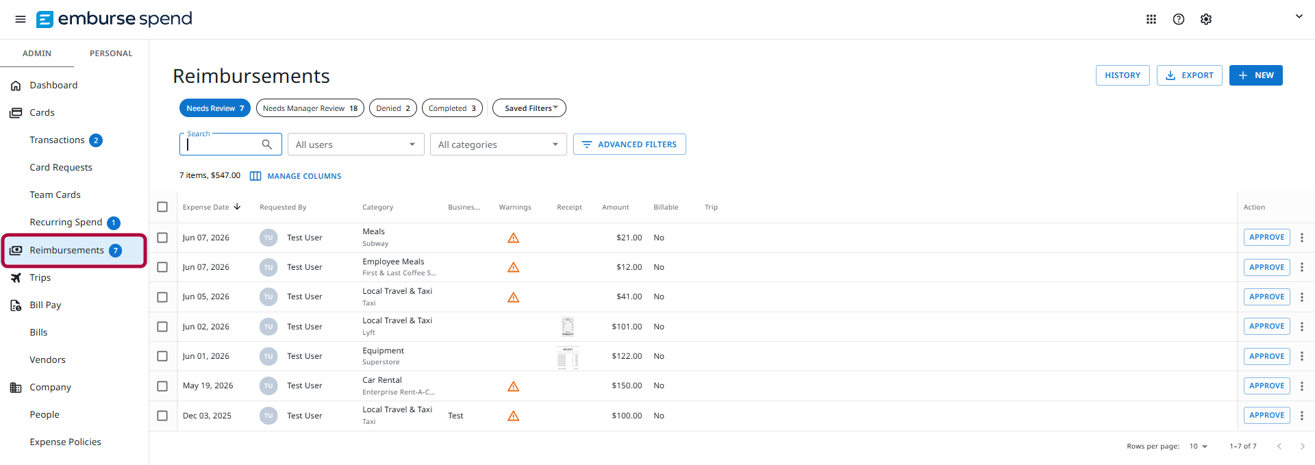 Reimbursements screen showing submitted expenses awaiting review