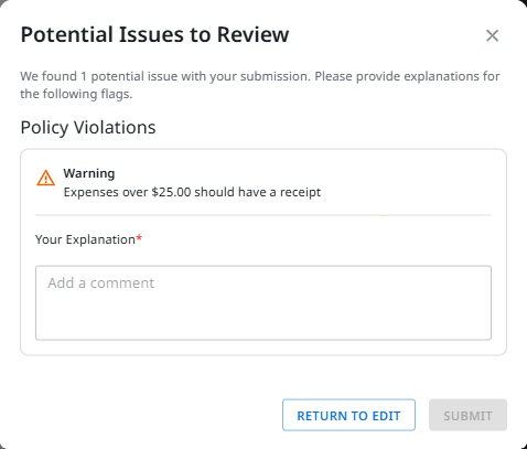Potential Issues to Review window with a required comment field