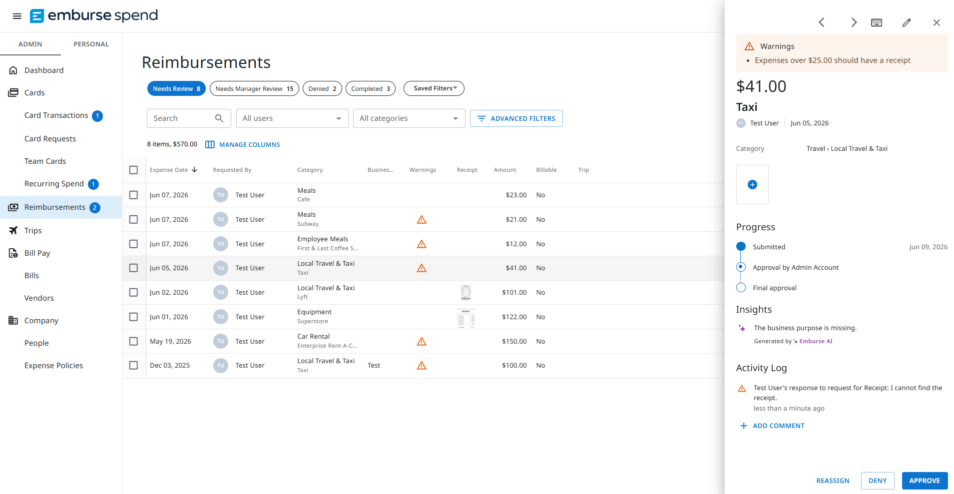View Details screen displaying expense information and approval insights