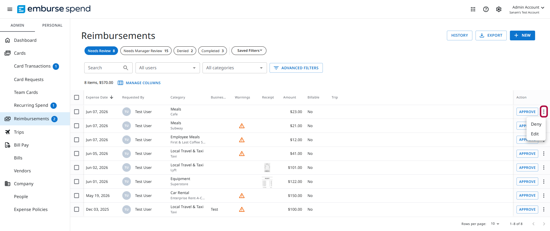 More Actions menu for editing or denying an expense