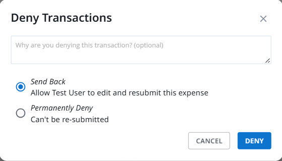 Deny Transactions window showing Send Back and Permanently Deny options