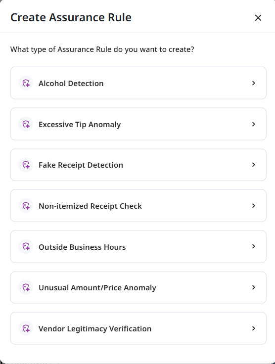 Create Assurance Rule dialog displaying available Assurance checks, including Alcohol Detection, Excessive Tip Anomaly, and Fake Receipt Detection.
