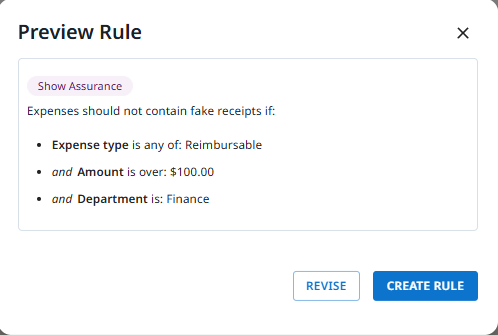 Preview Rule dialog displaying the conditions that will trigger the selected Assurance check.