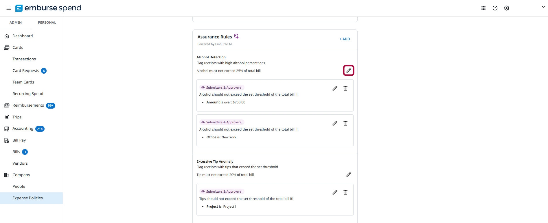 Assurance Rules page showing the edit control used to modify the global threshold for an Assurance check.