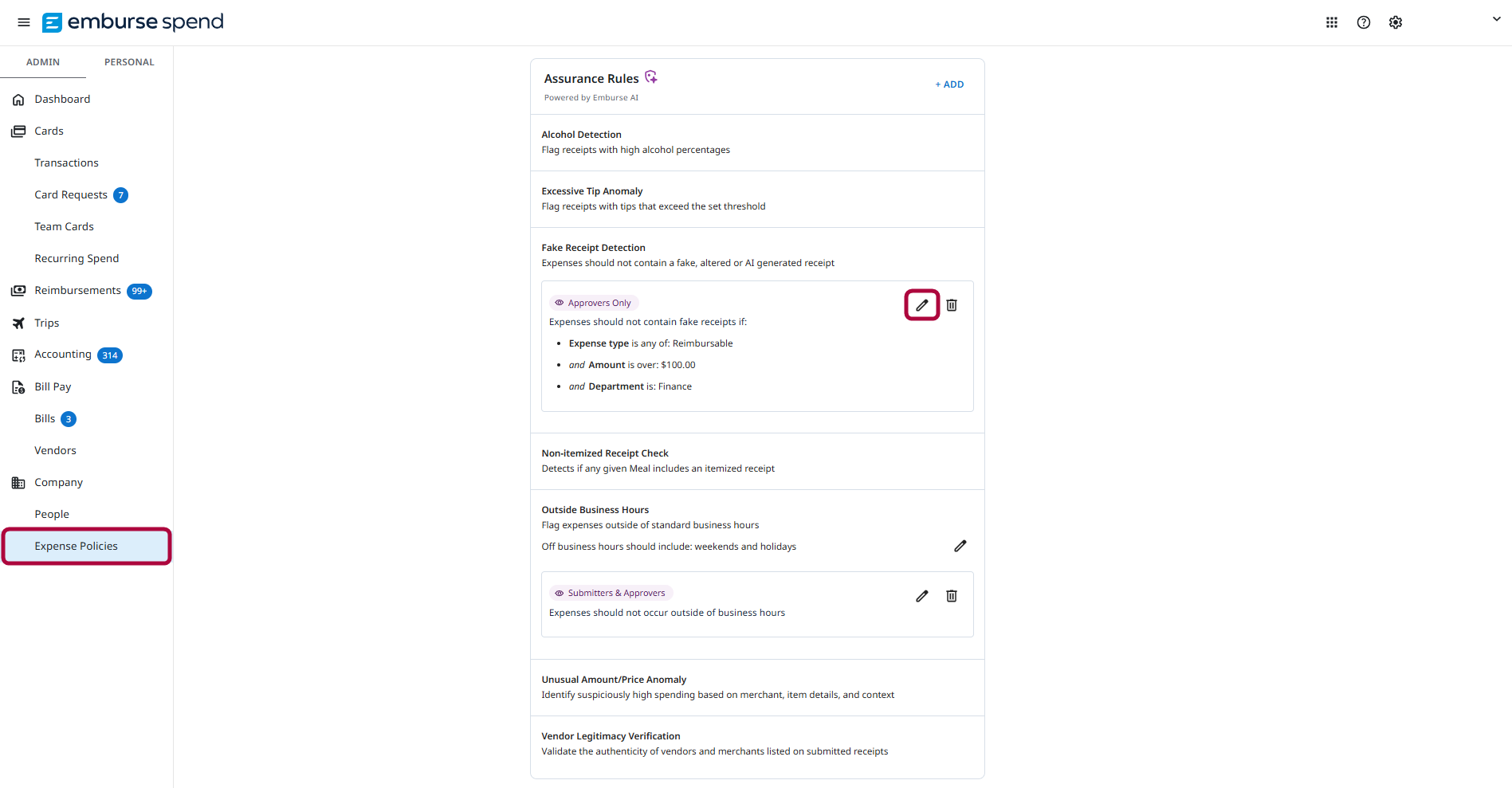 Assurance Rules page showing the edit control for an existing Assurance rule.