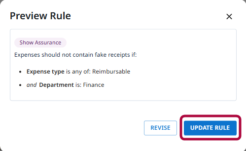 Preview Rule dialog displaying updated rule conditions before saving changes.