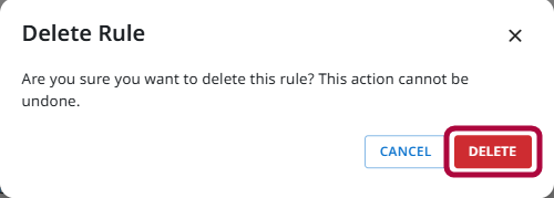 Delete Rule confirmation dialog asking the administrator to confirm removal of the selected rule.