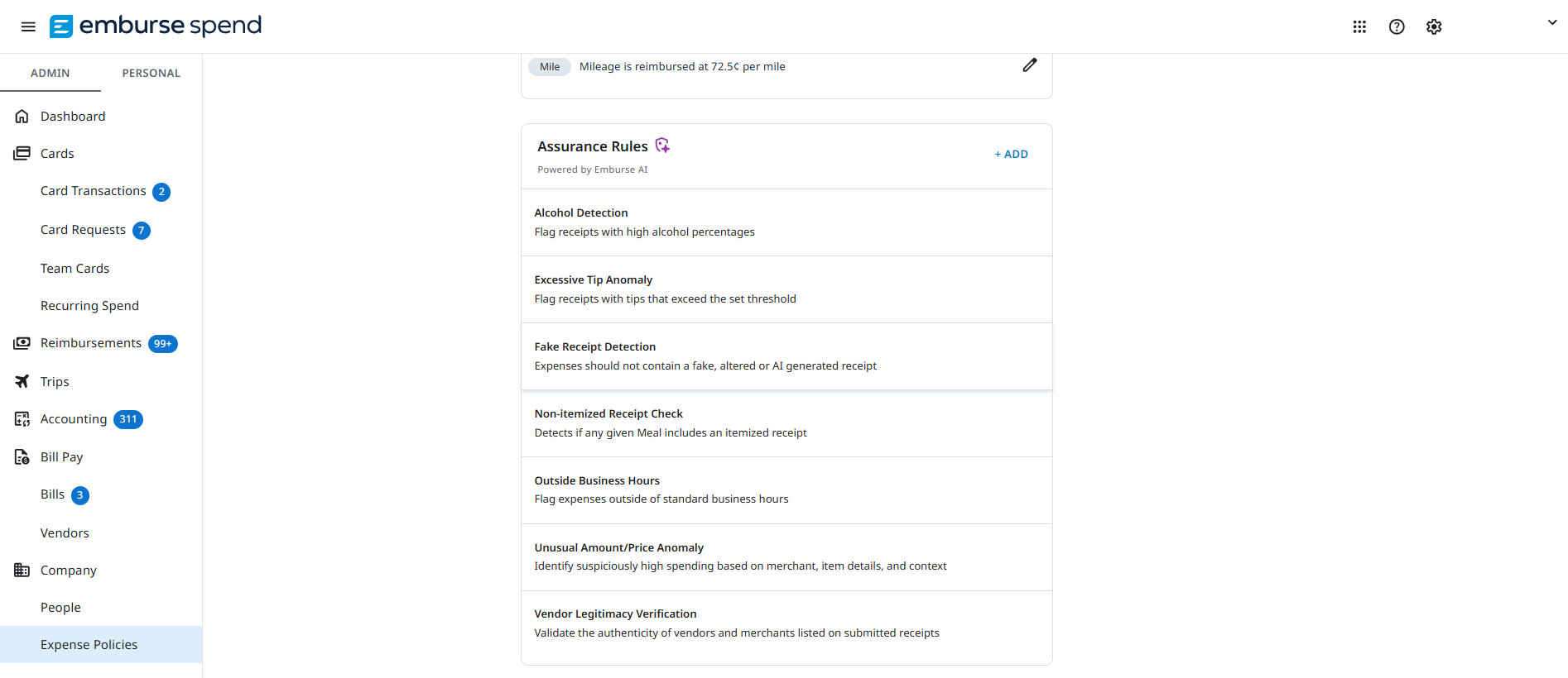 Assurance Rules page displaying available Assurance checks and configured rules.