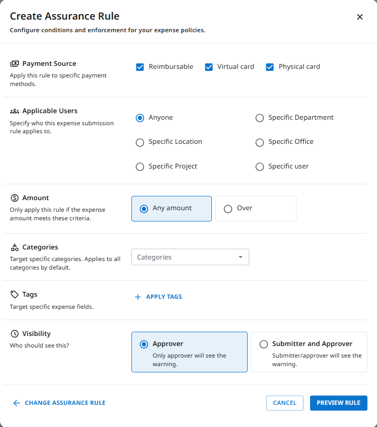 Create Assurance Rule screen showing payment source, applicable users, amount, categories, tags, and visibility options.