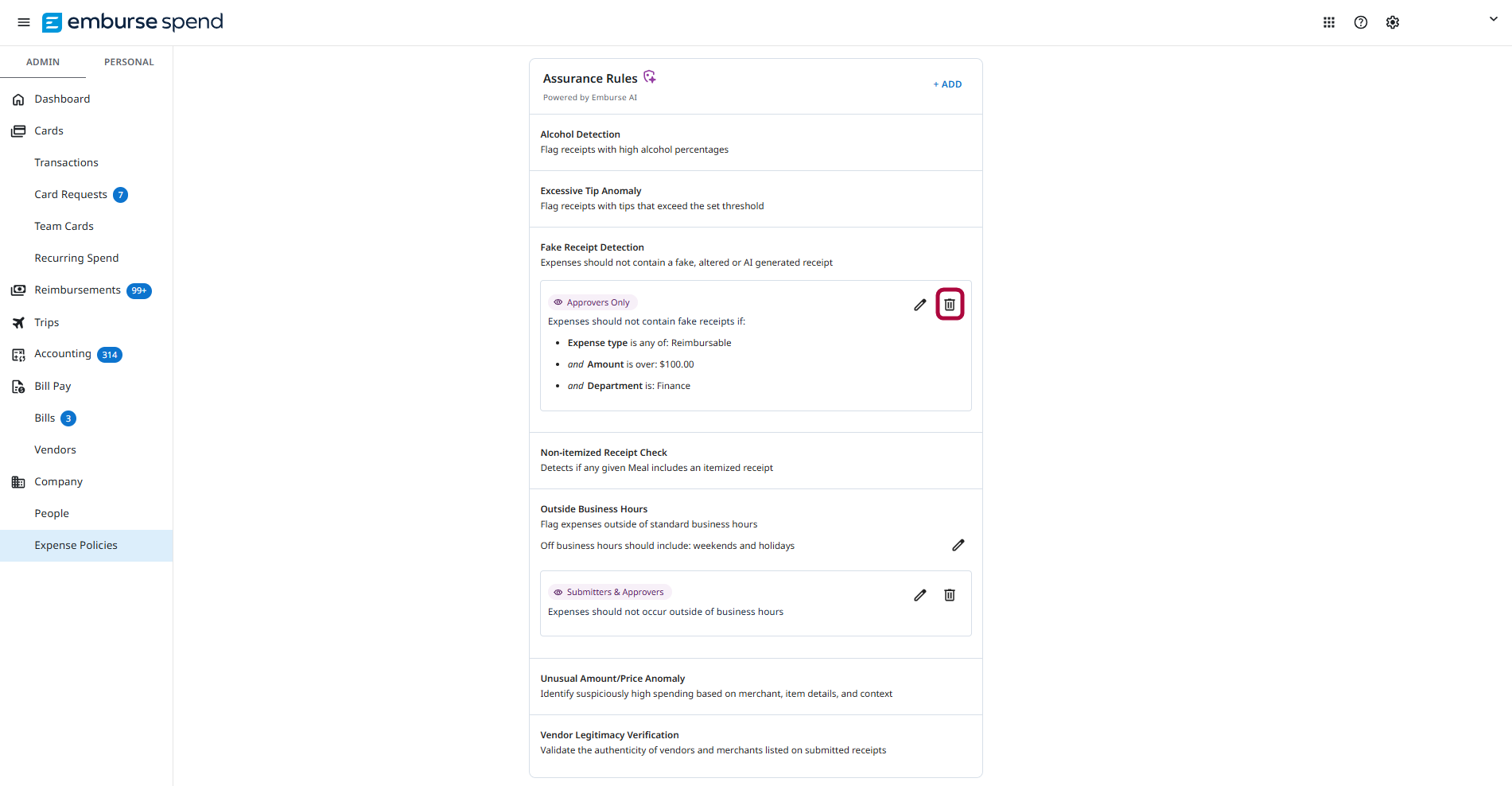 Assurance Rules page showing the delete control for an existing Assurance rule.