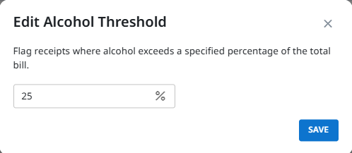 Edit Alcohol Threshold dialog showing a percentage field used to configure the threshold for Alcohol Detection.