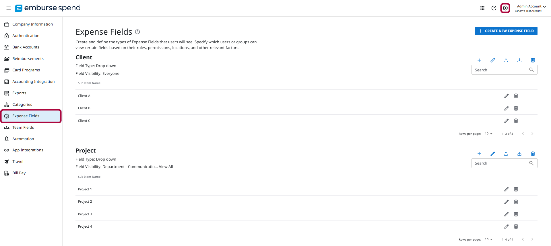Expense Fields page with existing Expense Fields and sub items