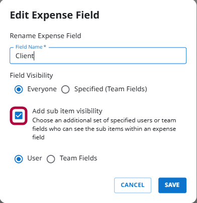 Edit Expense Field window with Add sub item visibility checkbox