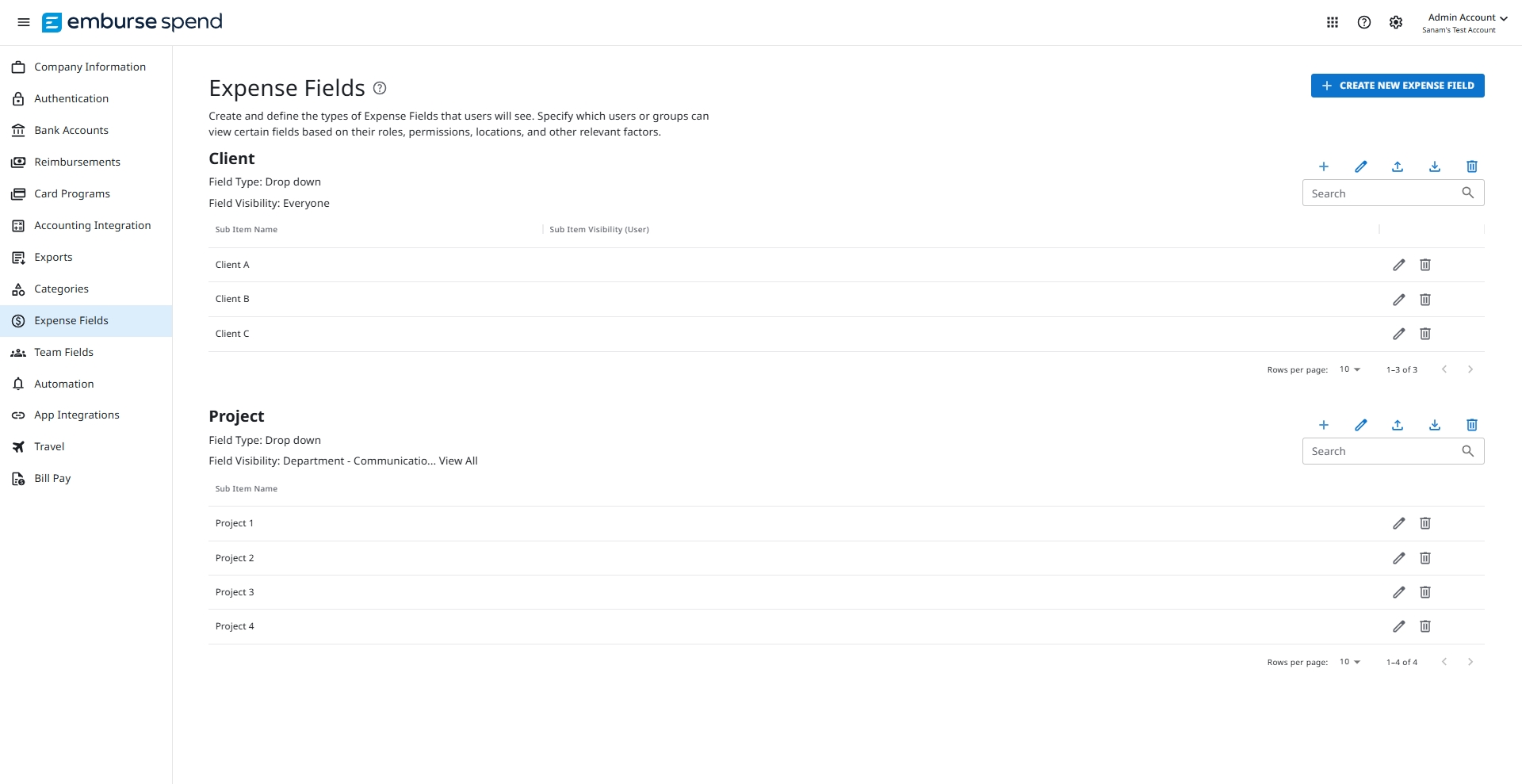 Expense Fields page with Upload Template button