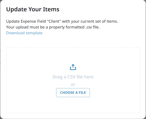 Update Your Items dialog for uploading a CSV file to update the Expense Field "Client" items. Includes a Download template link, a drag-and-drop upload area, and a CHOOSE A FILE button.