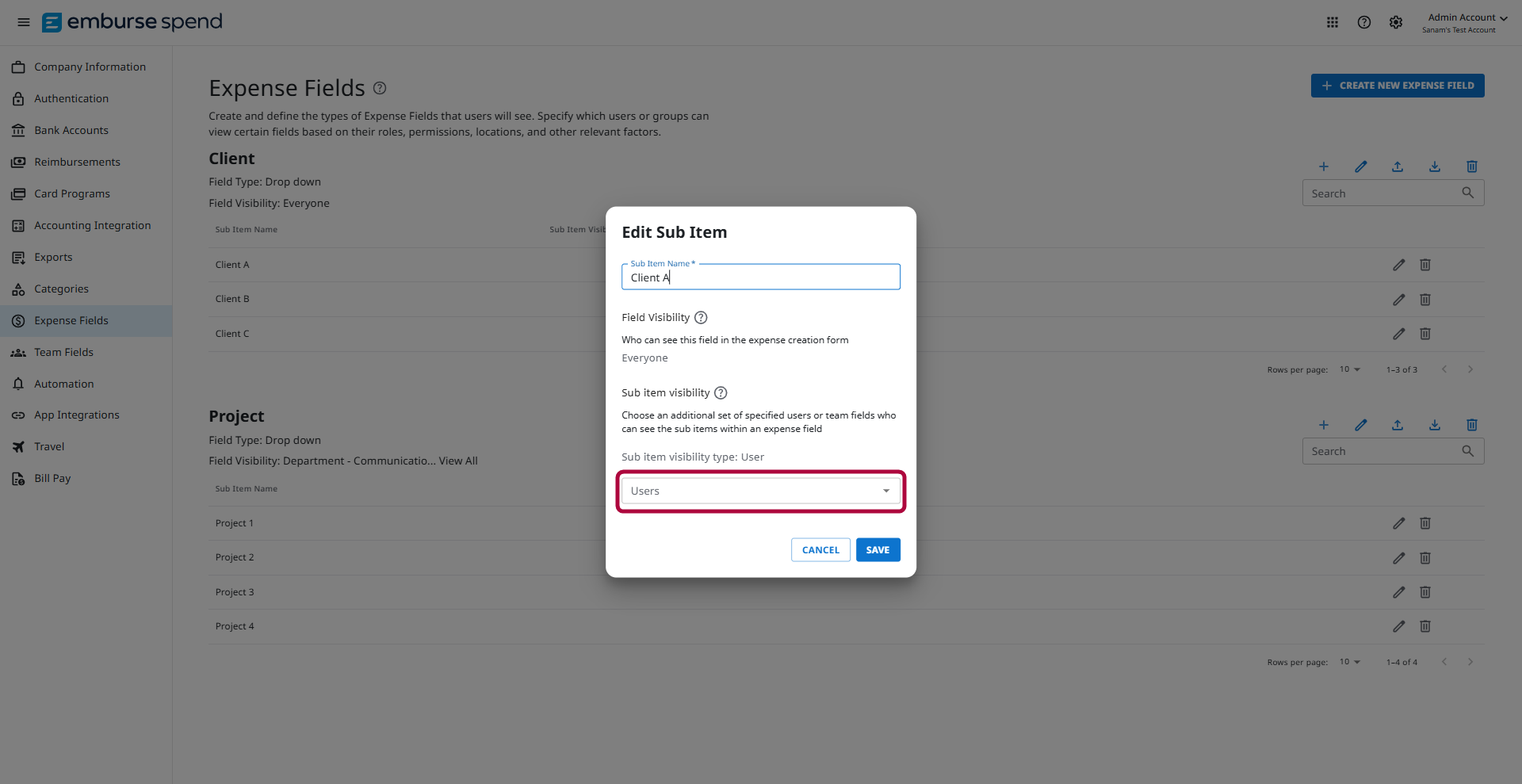 Edit Sub Item window with sub item visibility dropdown