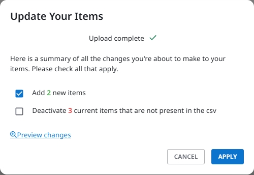 Update Your Items window with preview and deactivation options