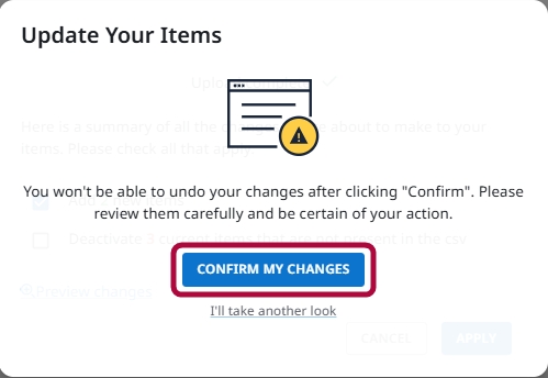Confirmation window for applying CSV changes