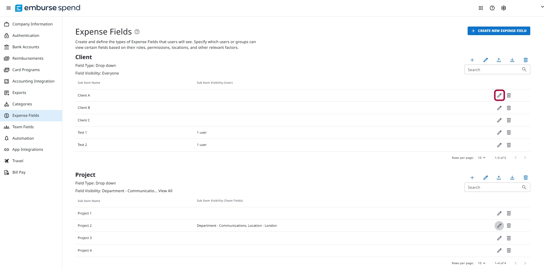 Expense Fields page in Emburse Spend showing Client and Project dropdown fields with edit options highlighted.