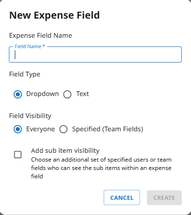 New Expense Field dialog with options to enter an expense field name, choose a field type (Dropdown or Text), set field visibility (Everyone or Specified), optionally enable sub-item visibility, and select Cancel or Create.