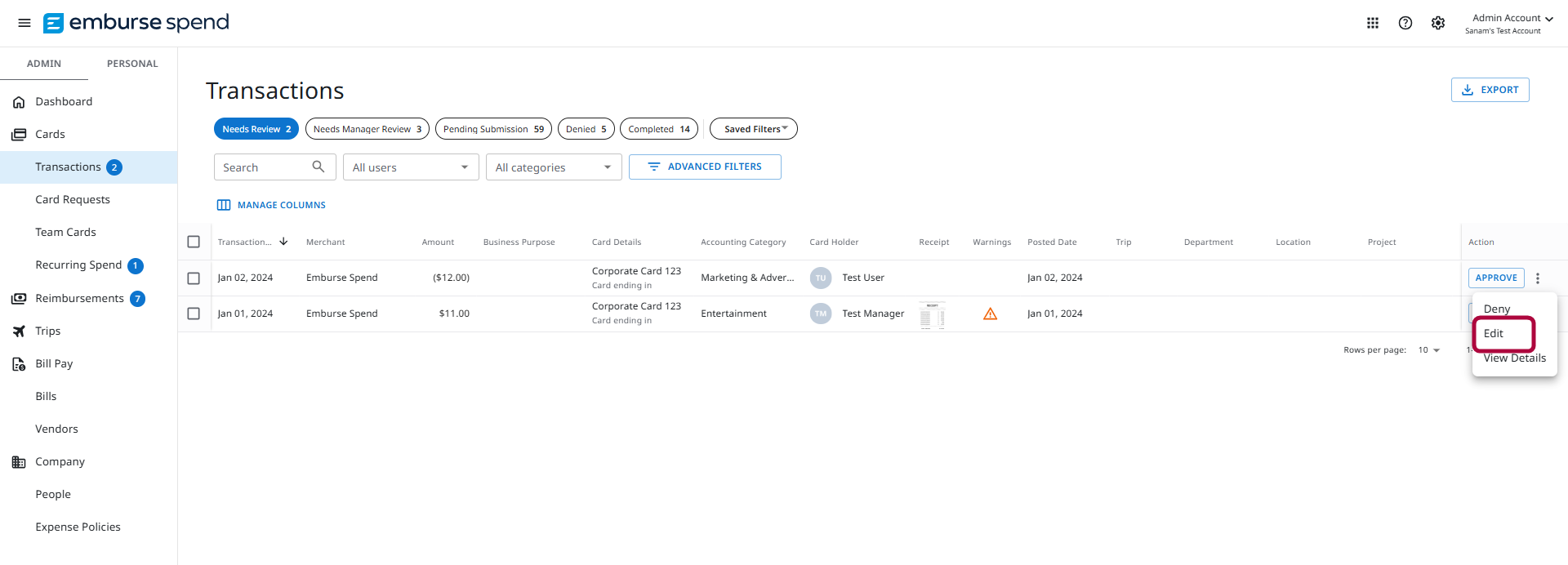 More actions menu with Edit option selected