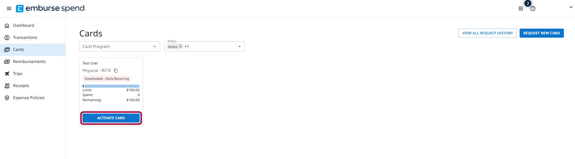 Cards page with ACTIVATE CARD button for virtual card