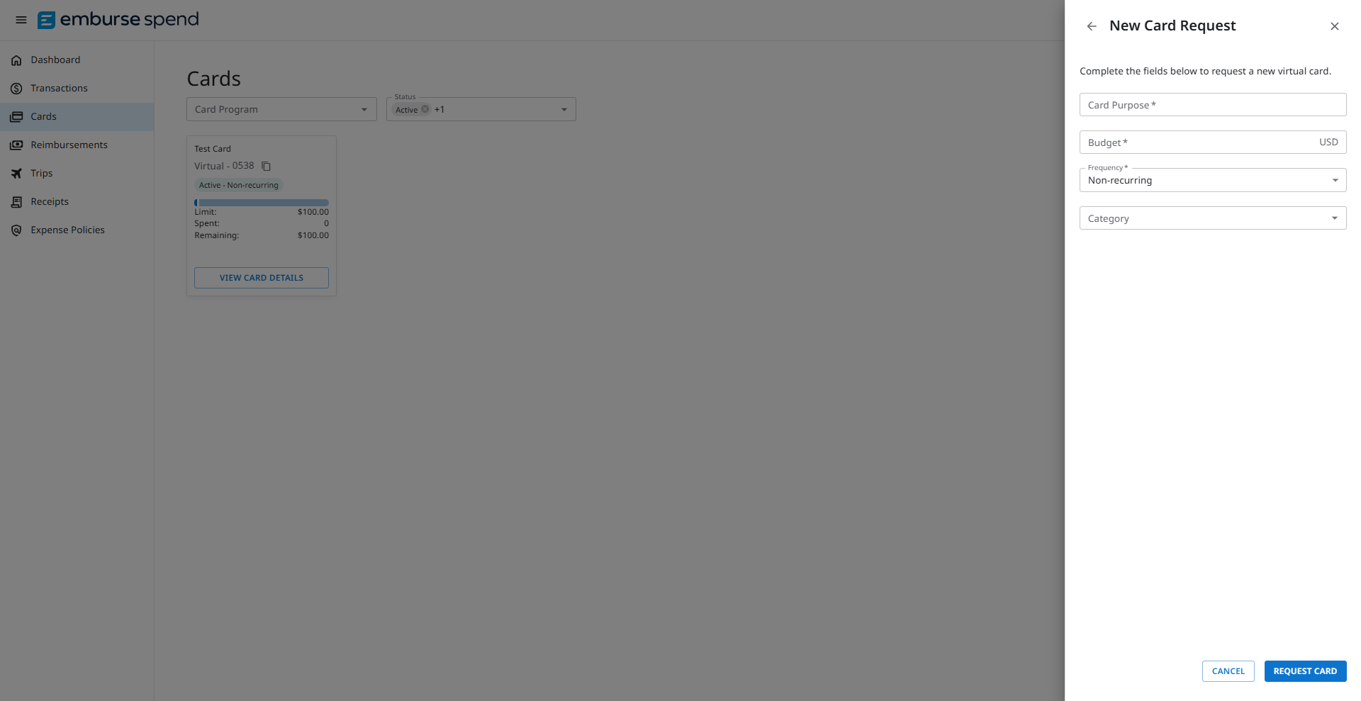 New Card Request pane showing required fields and the Request Card button.