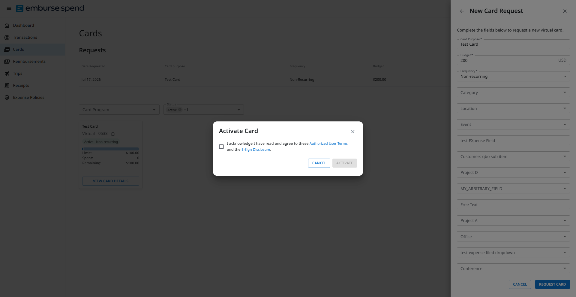 Virtual card request flow showing the Terms and Conditions prompt.