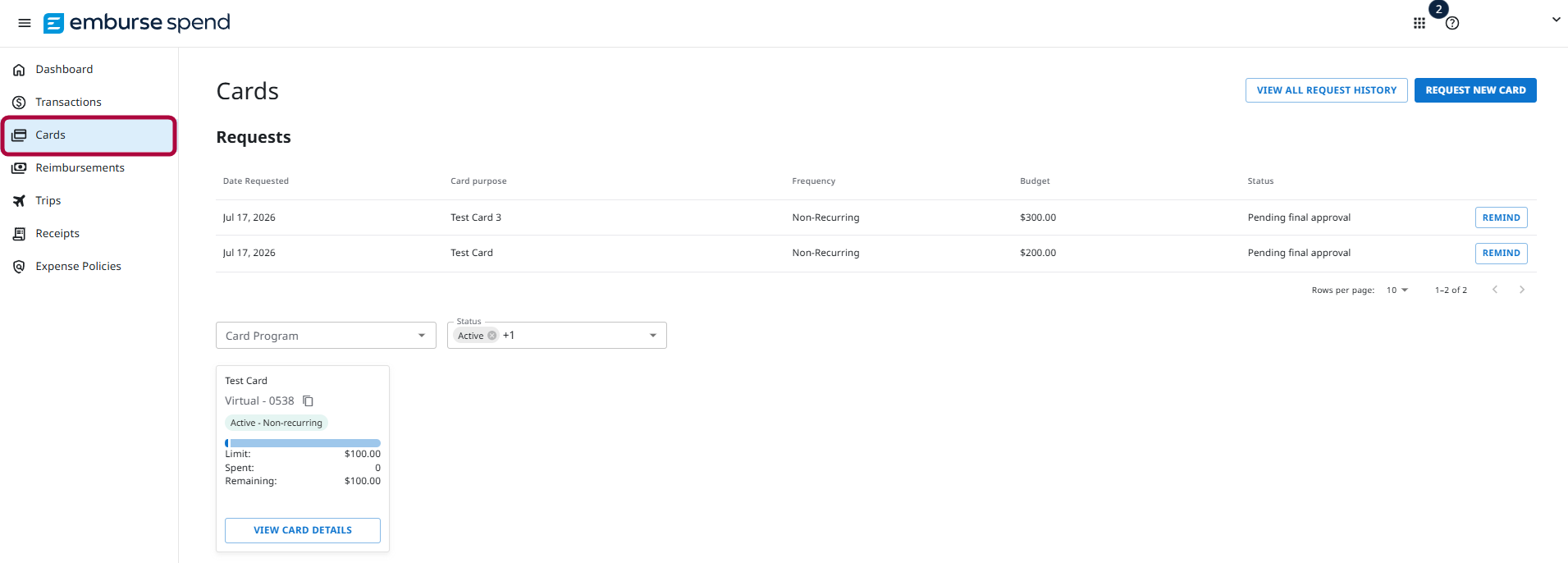 Cards page in Emburse Spend showing request status.