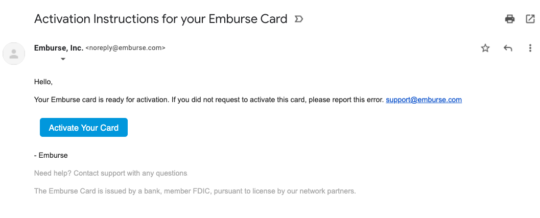 Activation email with Activate Your Card button