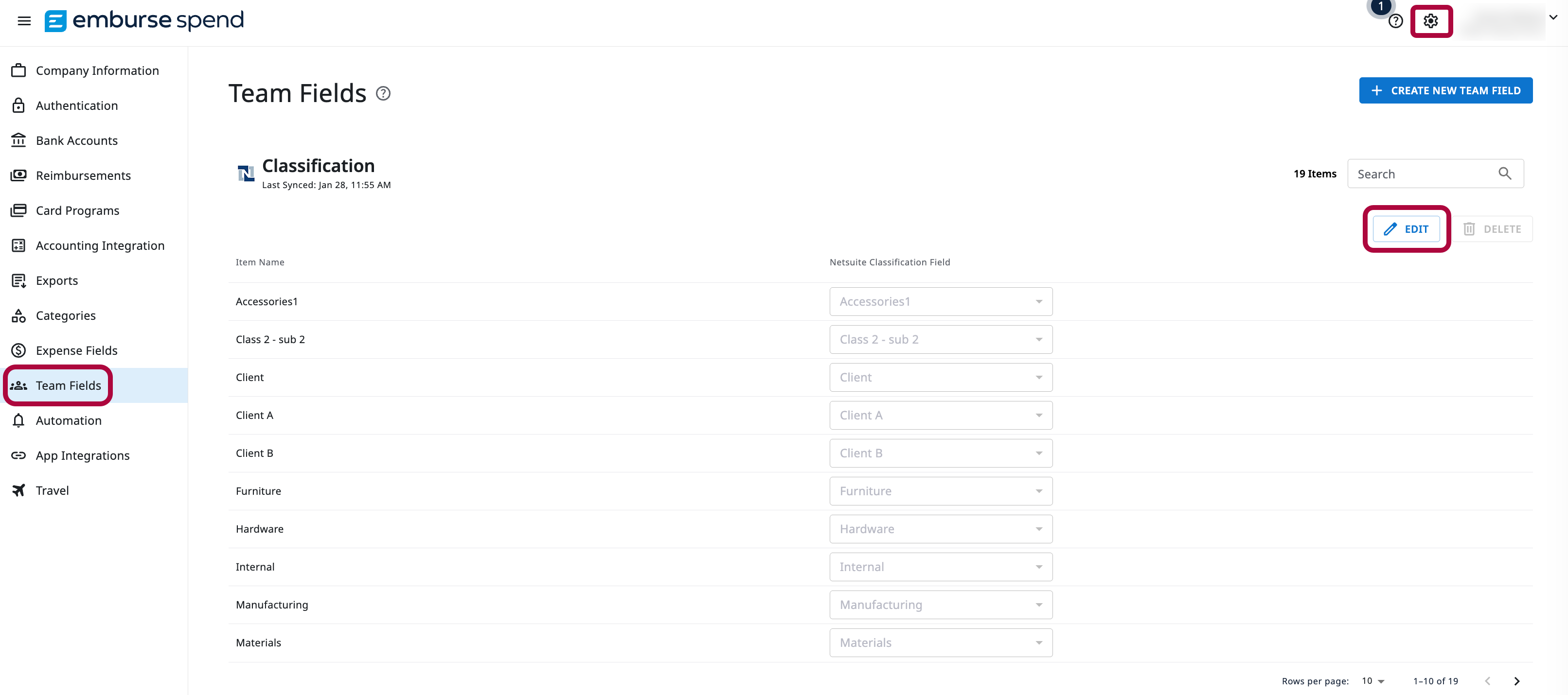 Team Fields settings page in Emburse Spend with edit options for QuickBooks Online-synced fields.