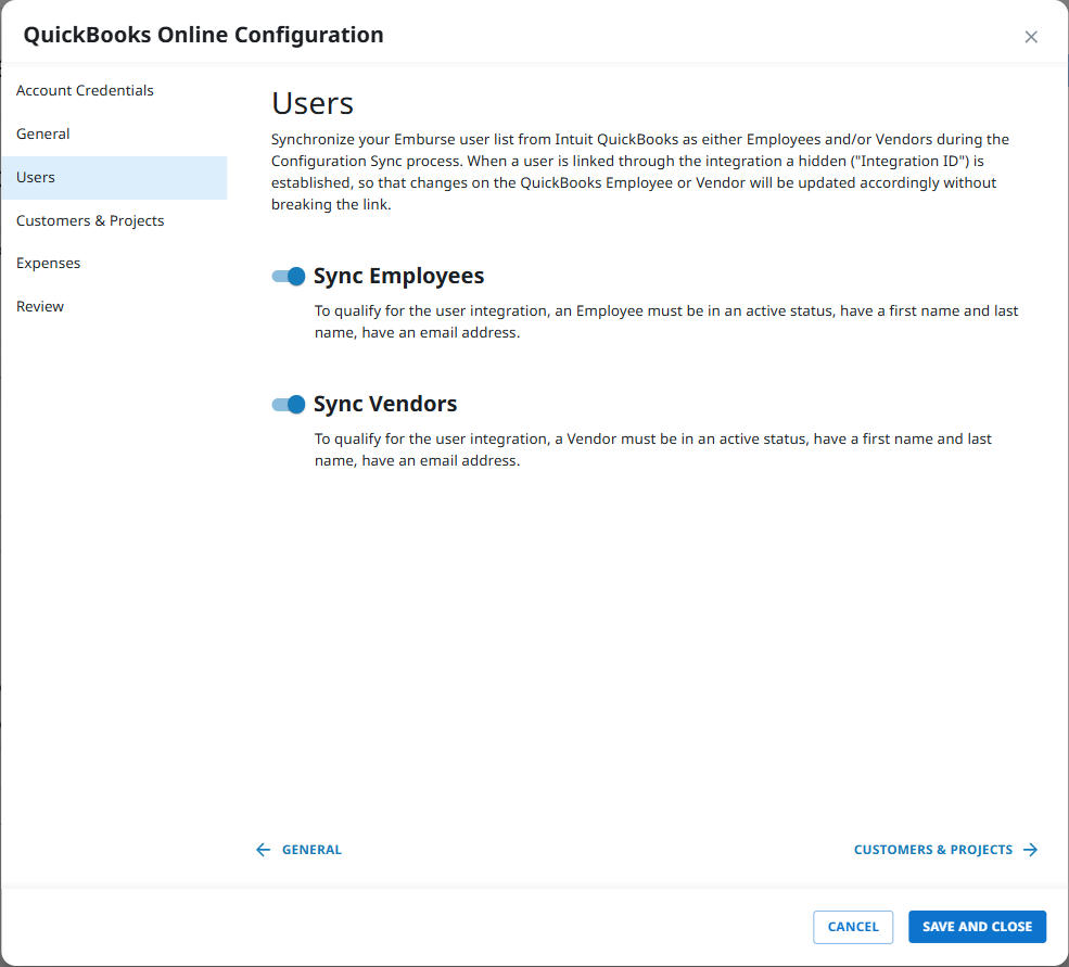 QuickBooks Online user settings section showing Sync Employees as Users and Sync Vendors as Users options.
