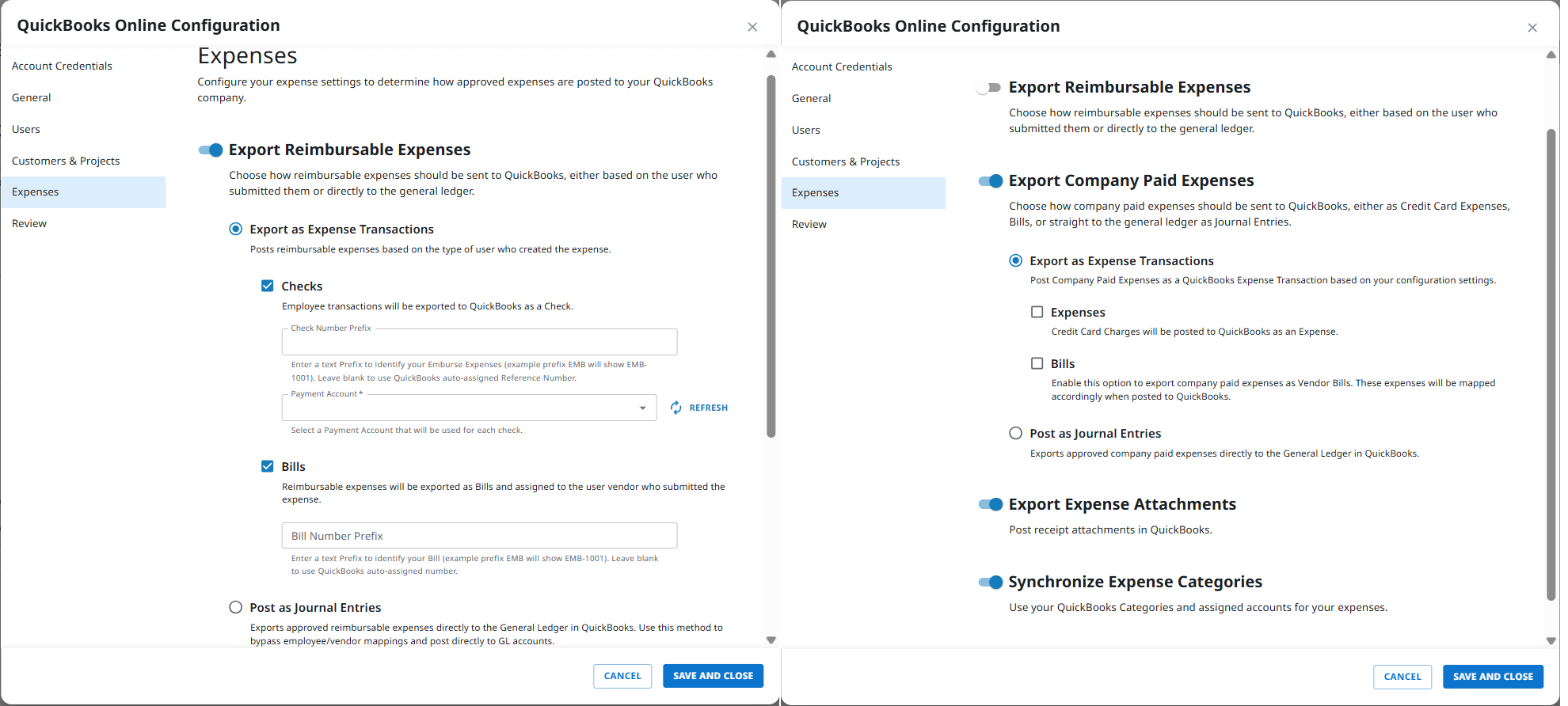 QuickBooks Online expense export settings showing reimbursable and company paid export options, including journal entry settings.