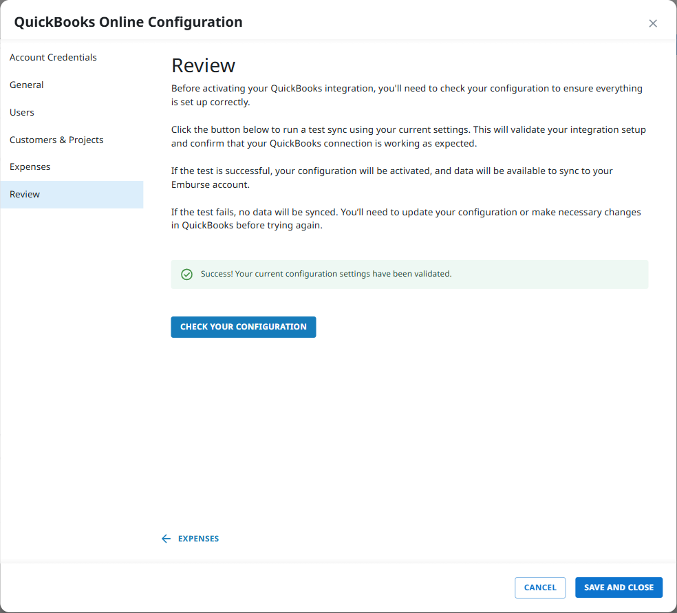 Check Your Configuration action and confirmation area for validating the QuickBooks Online connector setup.