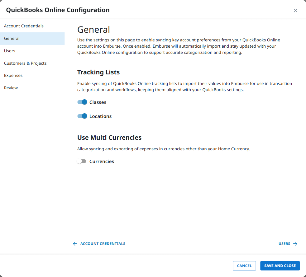 QuickBooks Online configuration general settings showing Class, Location, and Currencies options.