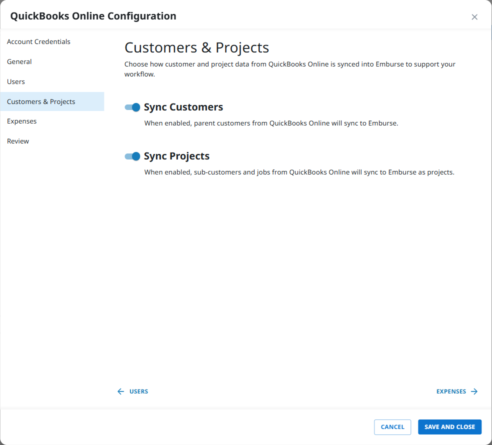 QuickBooks Online customers and projects settings showing Sync Customers and Sync Projects options.