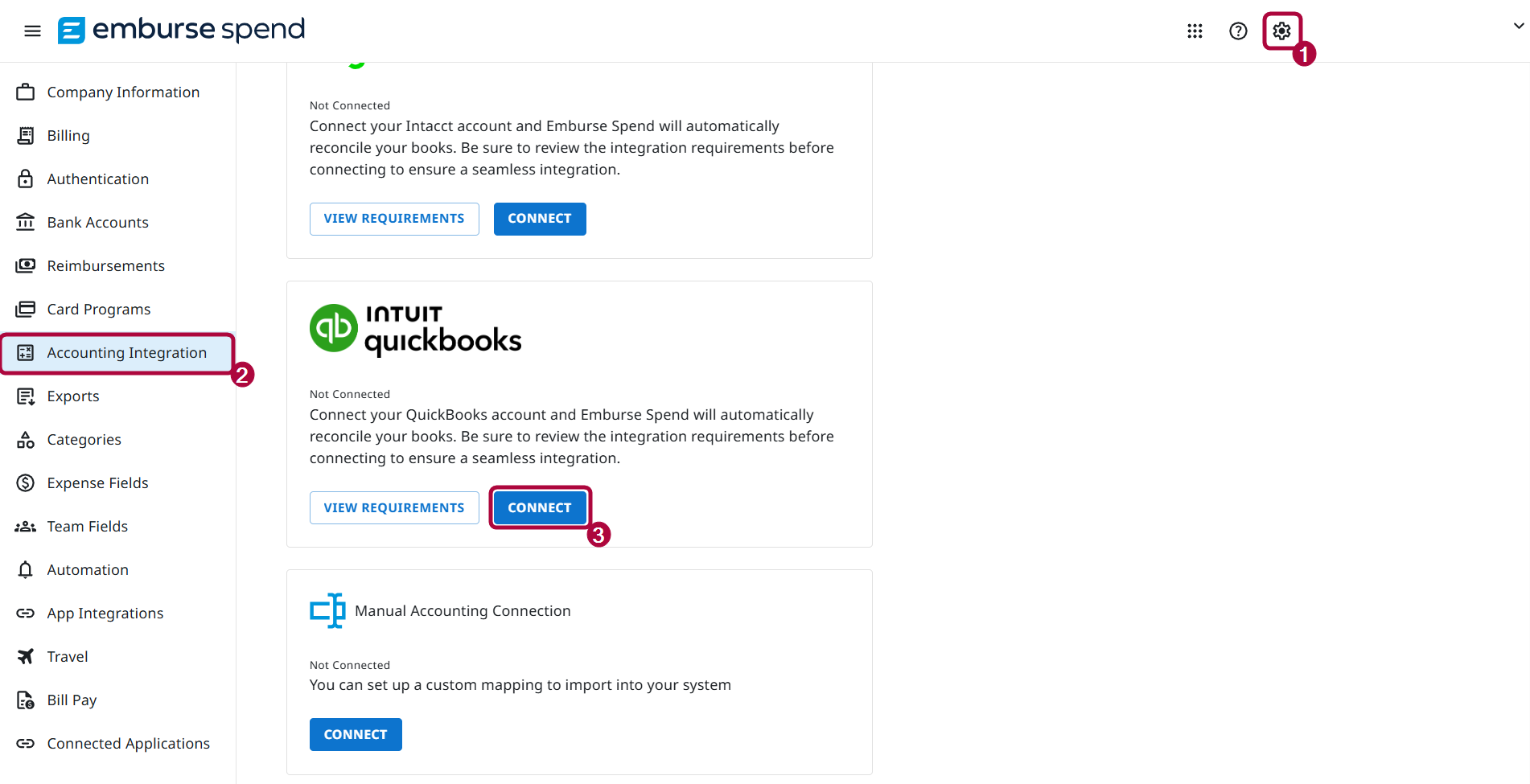 Emburse Spend Accounting Integration page showing QuickBooks Online CONNECT button.