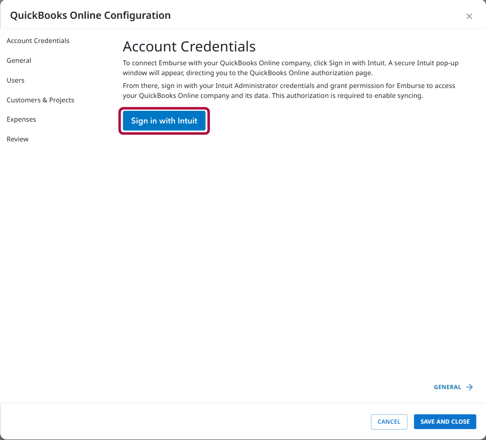 QuickBooks Online Configuration page with Sign in with Intuit button in Account Credentials.