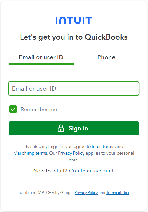 Intuit sign-in page with Email or user ID field and Sign in button.