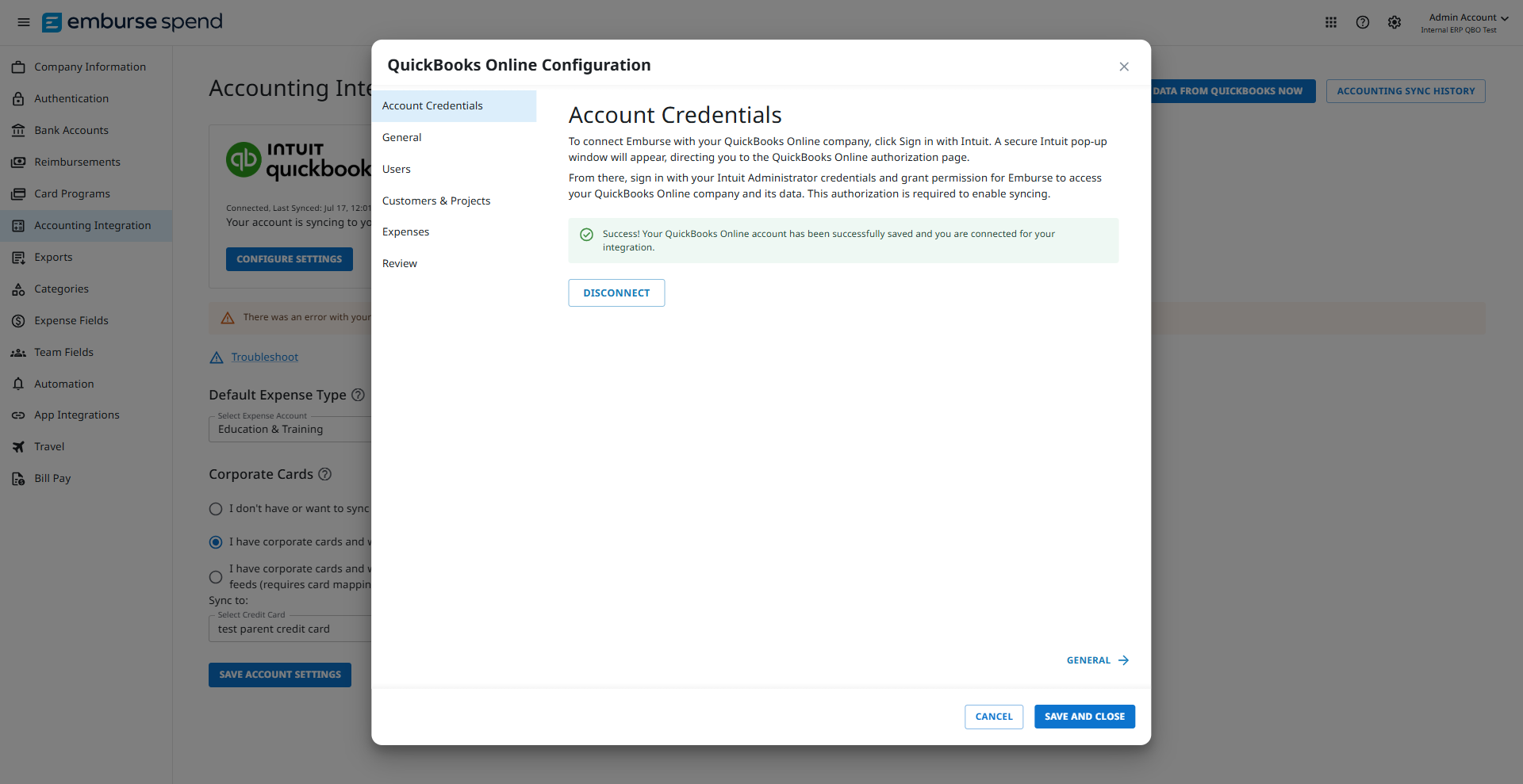 Emburse Spend integration configuration screen shown after successful QuickBooks Online authentication.