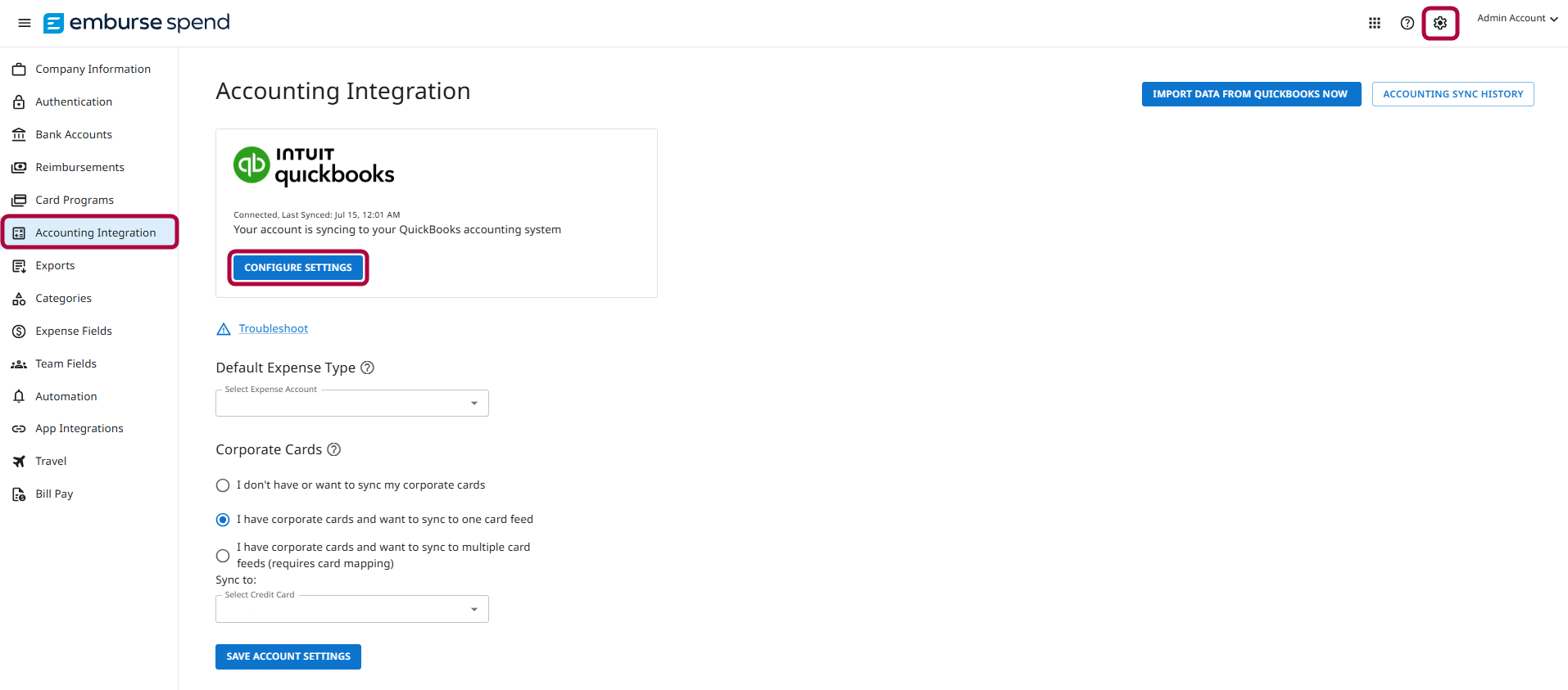Screenshot of the Emburse Spend QuickBooks Online Accounting Integration settings page, showing configuration options such as corporate card mapping and default expense type.