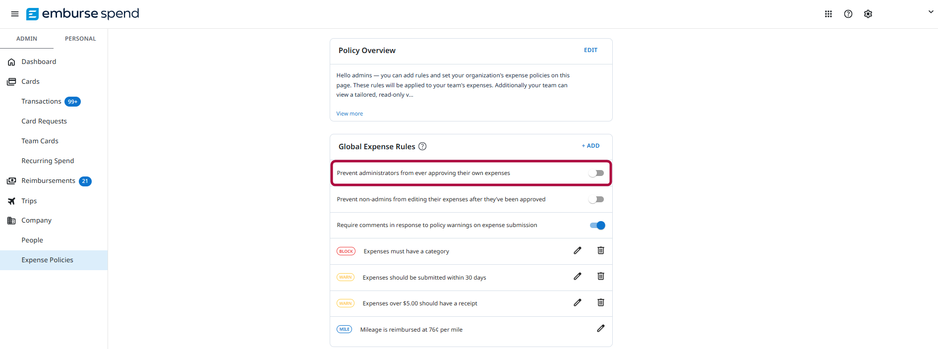 Organization setting to prevent admins or managers from approving their own expenses