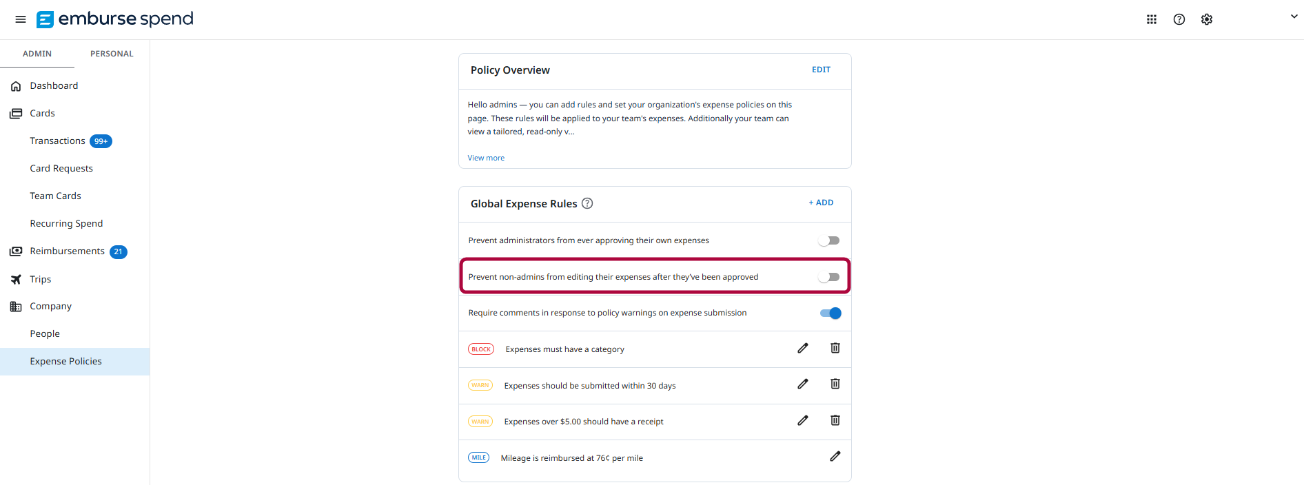 Organization setting that blocks non-admins from editing approved expenses