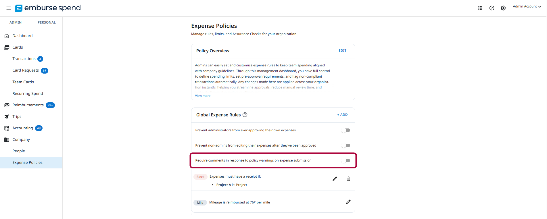 Comment Required toggle on the Expense Policies screen