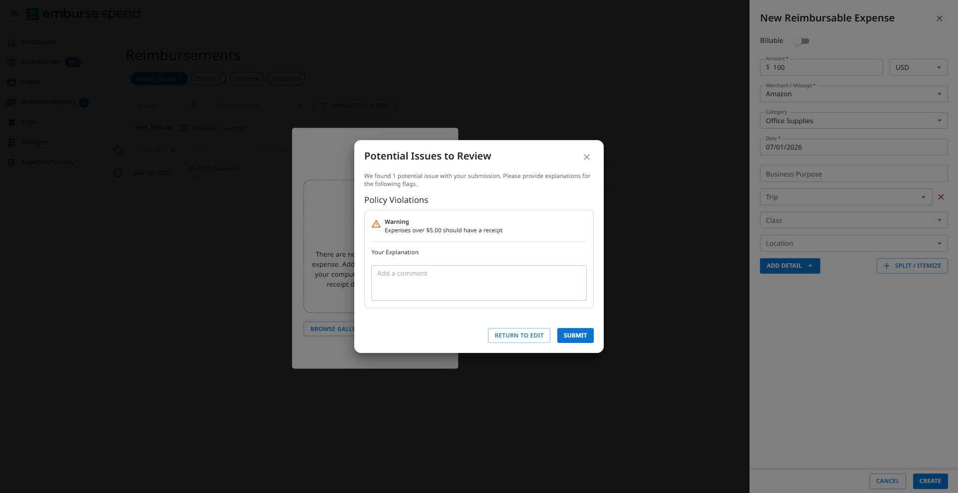 Transactions list with an orange warning icon on an expense