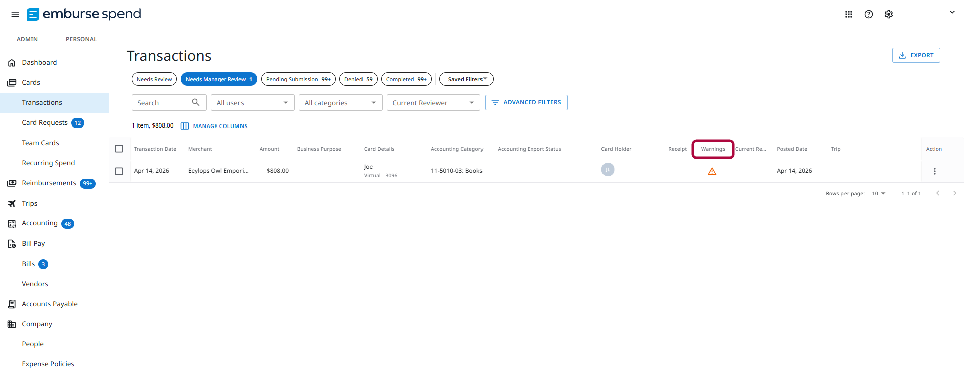  Transactions list with an orange warning icon on an expense